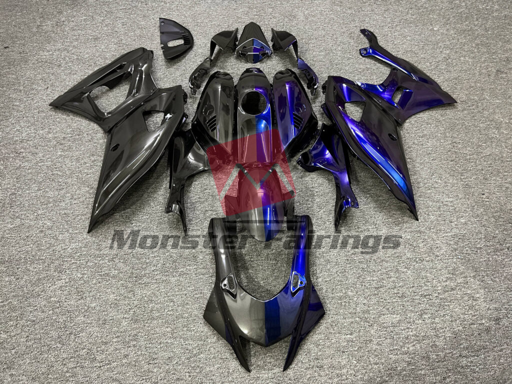 Yamaha R7 2021 - 2025 Gloss Black & Blue Iridescent Split ABS fairings - custom motorcycle bodywork kit by Monster Fairings
