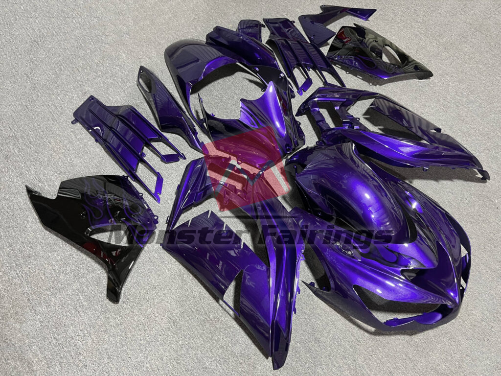Kawasaki ZX14R custom ABS fairings 2012 - 2024 in Gloss Deep Purple & Black With Flames - durable replacement kit, Monster Fairings