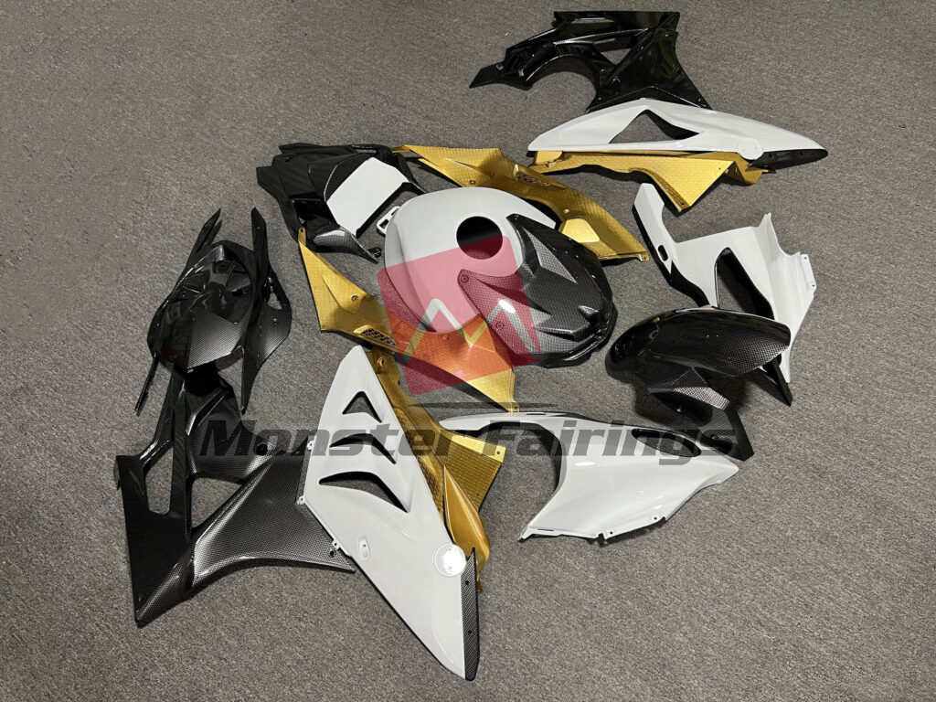 2009 - 2014 BMW S1000RR Gloss White & Gold With Carbon Fiber Style fairing set - ABS injection, custom painted by Monster Fairings