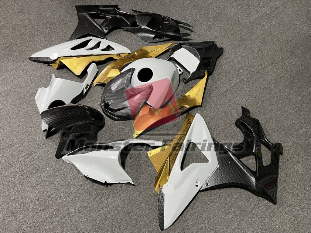 BMW S1000RR custom ABS fairings 2009 - 2014 in Gloss White & Gold With Carbon Fiber Style - durable replacement kit, Monster Fairings