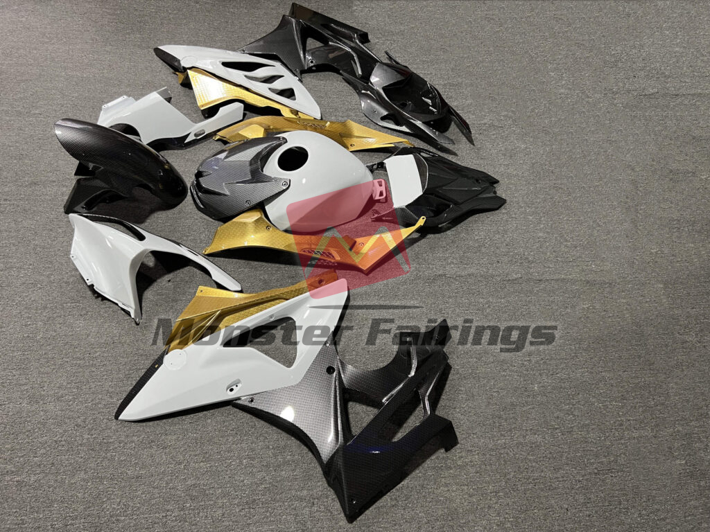 Monster Fairings ABS fairing kit for BMW S1000RR 2009 - 2014 - Gloss White & Gold With Carbon Fiber Style, precise OEM fit
