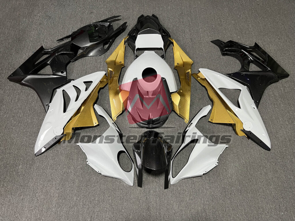 BMW S1000RR 2009 - 2014 Gloss White & Gold With Carbon Fiber Style ABS fairings - custom motorcycle bodywork kit by Monster Fairings