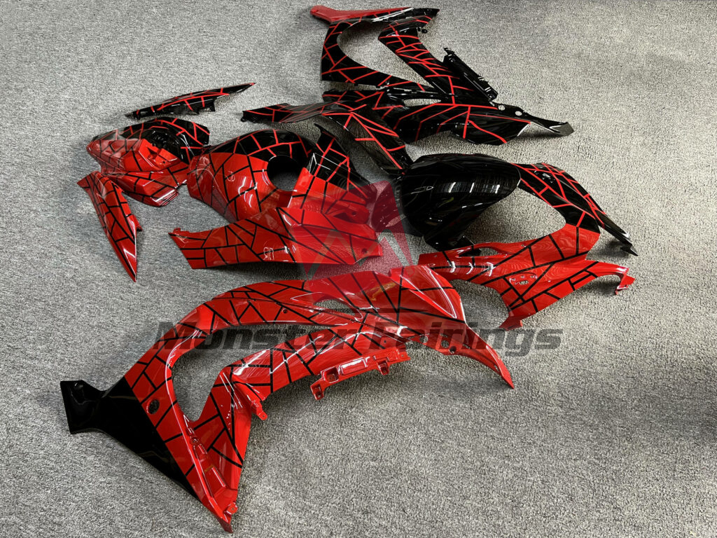 Kawasaki ZX10R custom ABS fairings 2016 - 2020 in Gloss Black & Red Line Pattern Split - durable replacement kit, Monster Fairings