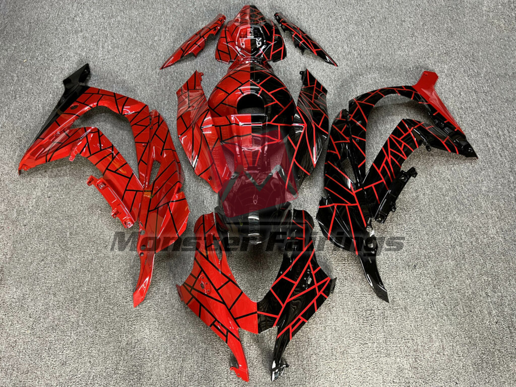 Kawasaki ZX10R 2016 - 2020 Gloss Black & Red Line Pattern Split ABS fairings - custom motorcycle bodywork kit by Monster Fairings