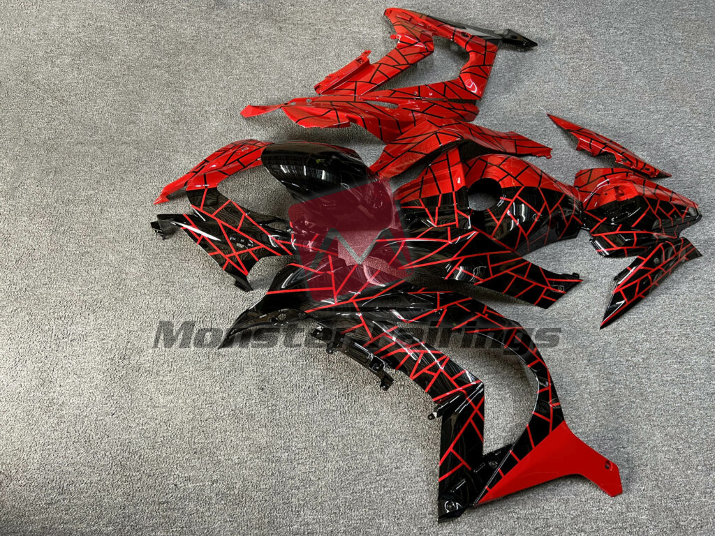 2016 - 2020 Kawasaki ZX10R Gloss Black & Red Line Pattern Split fairing set - ABS injection, custom painted by Monster Fairings