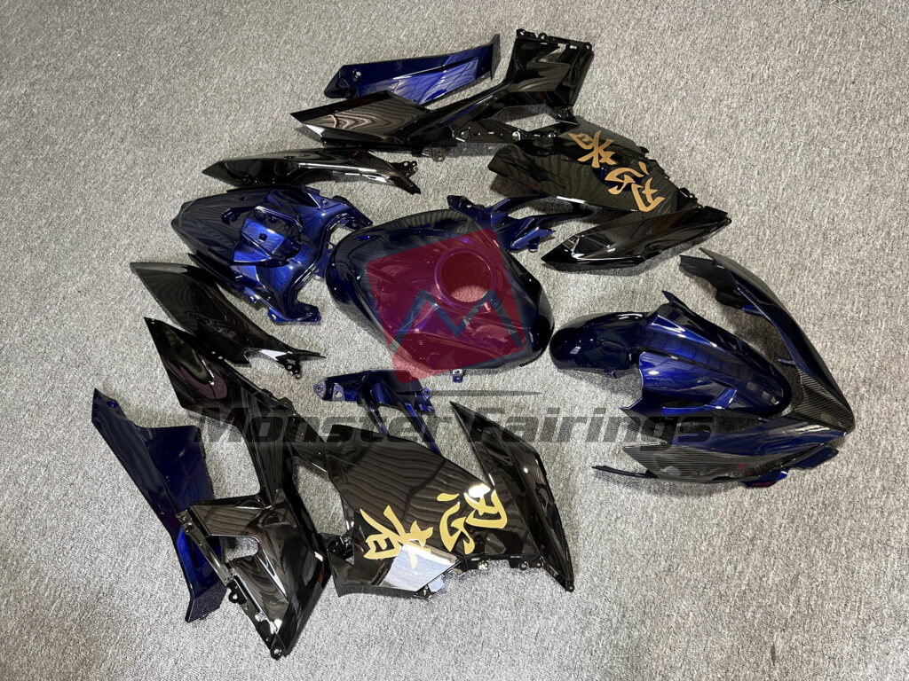 Kawasaki Ninja 400 custom ABS fairings 2018 - 2024 in Gloss Midnight Blue & Black With Carbon Fiber Style & Gold - durable replacement kit, Monster Fairings