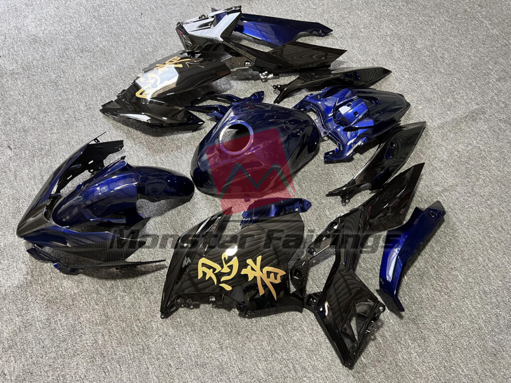Gloss Midnight Blue & Black With Carbon Fiber Style & Gold ABS fairings for Kawasaki Ninja 400 2018 - 2024 - premium OEM fit kit by Monster Fairings