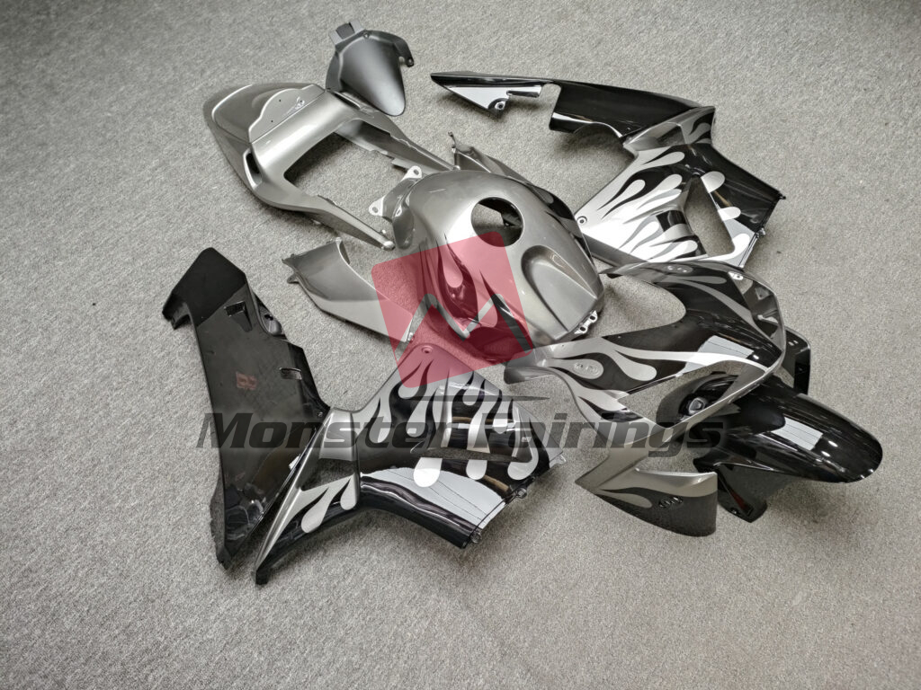 Honda CBR600RR custom ABS fairings 2003 - 2004 in Gloss Silver & Black Flames - durable replacement kit, Monster Fairings