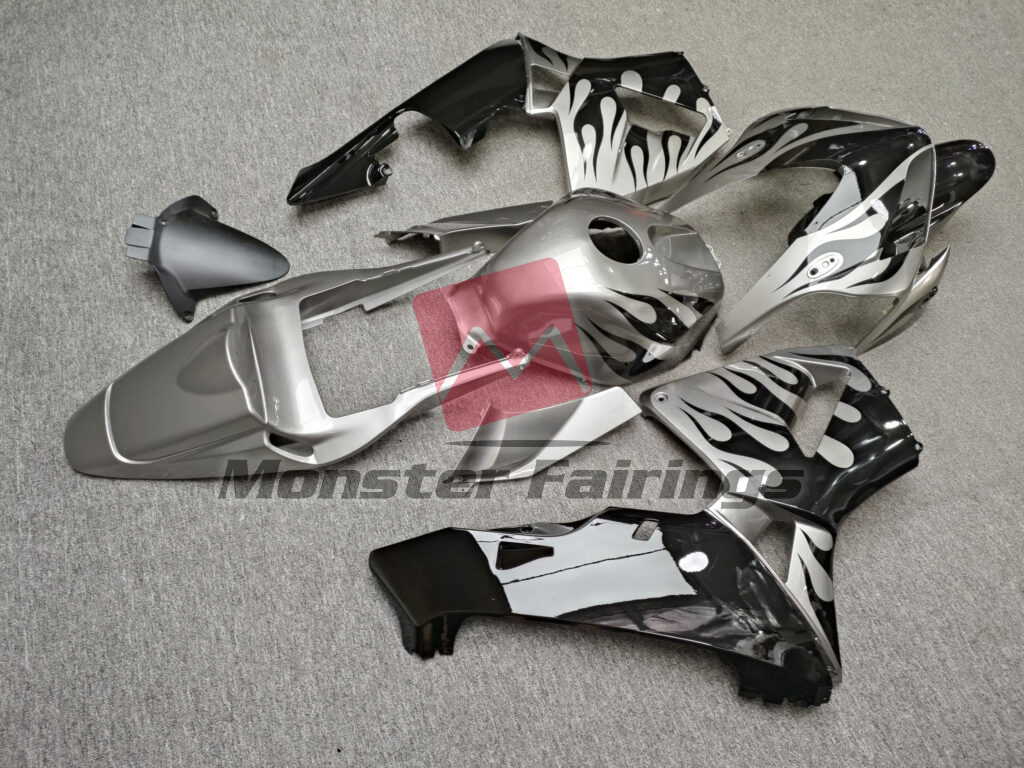 2003 - 2004 Honda CBR600RR Gloss Silver & Black Flames fairing set - ABS injection, custom painted by Monster Fairings