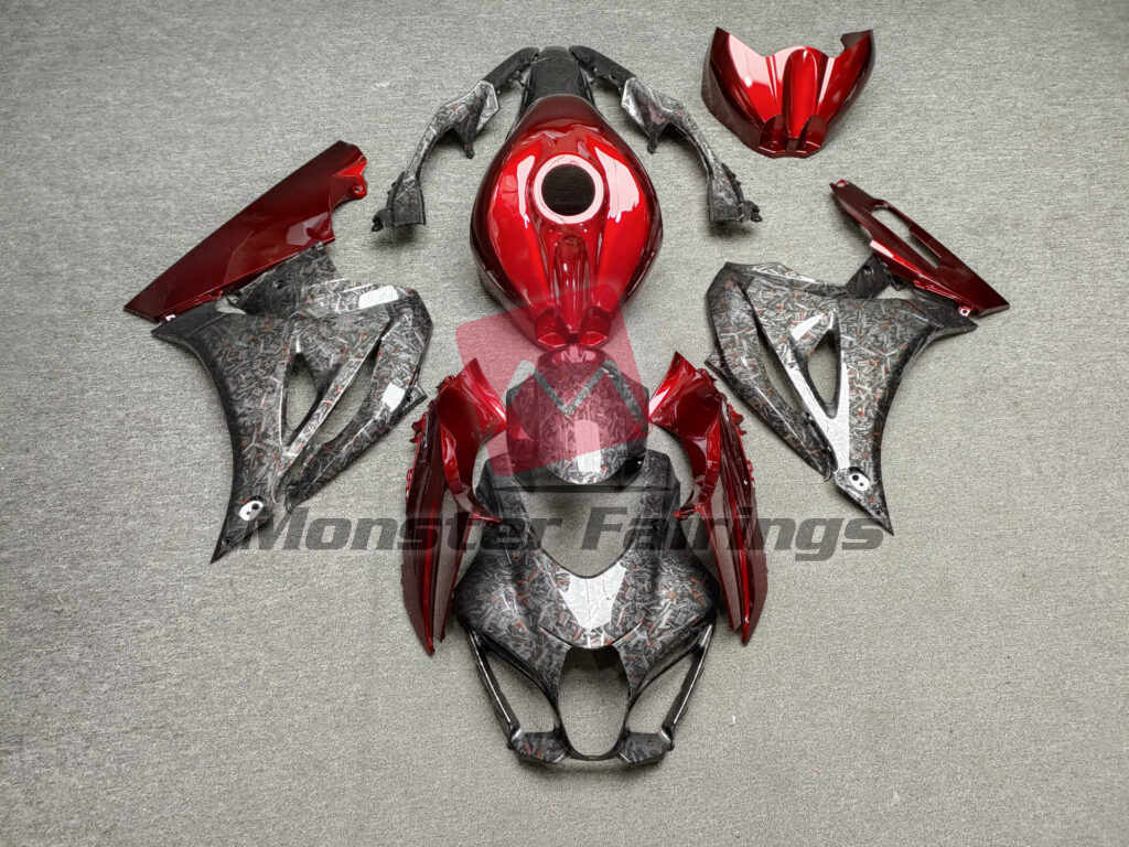 Suzuki GSXR 1000 2017 - 2025 Gloss Forged Carbon Fiber Style With Candy Red ABS fairings - custom motorcycle bodywork kit by Monster Fairings