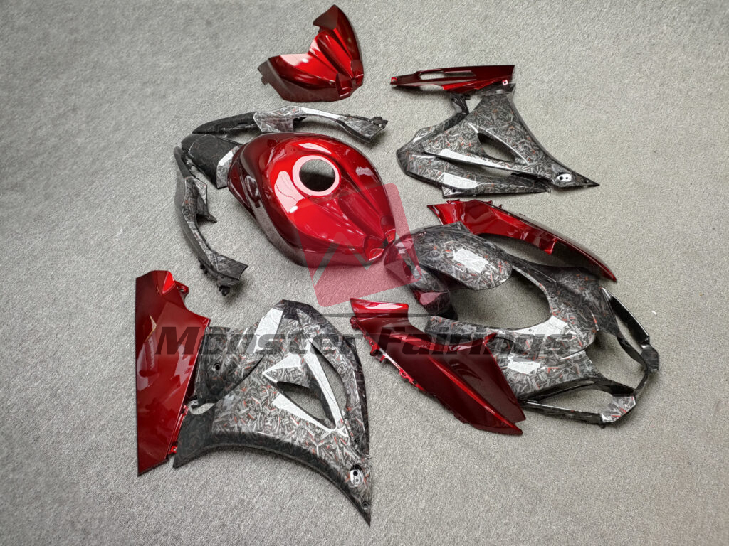 Suzuki GSXR 1000 custom ABS fairings 2017 - 2025 in Gloss Forged Carbon Fiber Style With Candy Red - durable replacement kit, Monster Fairings