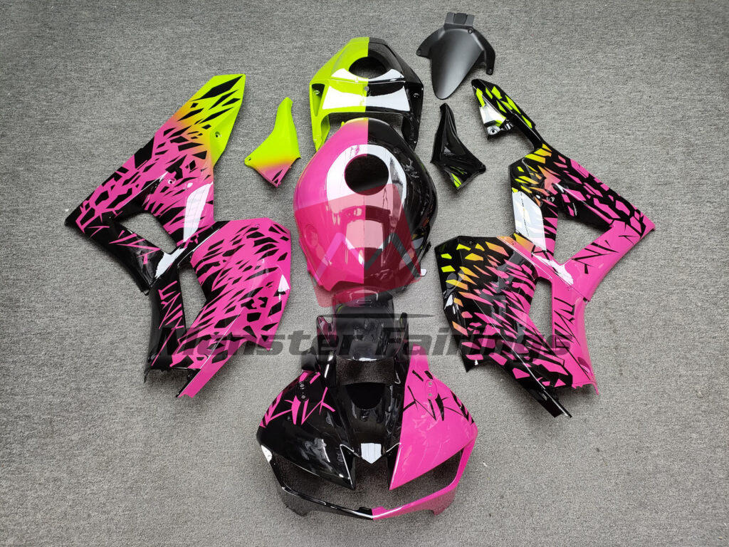 Honda CBR600RR 2013 - 2025 Gloss Pink & Black With High Vis Yellow Shattered Split ABS fairings - custom motorcycle bodywork kit by Monster Fairings