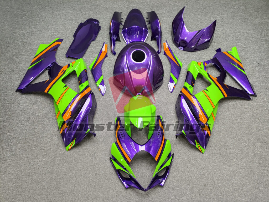 Suzuki GSXR 1000 2007 - 2008 Gloss Green & Purple With Orange ABS fairings - custom motorcycle bodywork kit by Monster Fairings