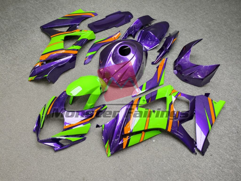 Suzuki GSXR 1000 custom ABS fairings 2007 - 2008 in Gloss Green & Purple With Orange - durable replacement kit, Monster Fairings