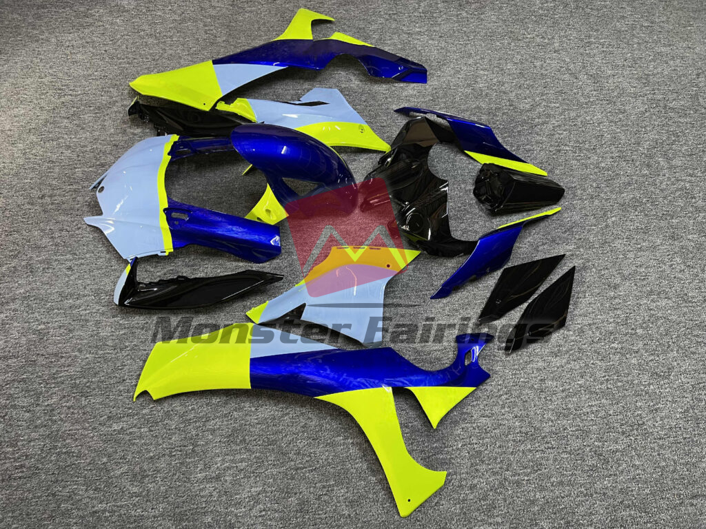 2020 - 2025 Yamaha R1 Gloss Pale Blue With Black & High Vis Yellow fairing set - ABS injection, custom painted by Monster Fairings