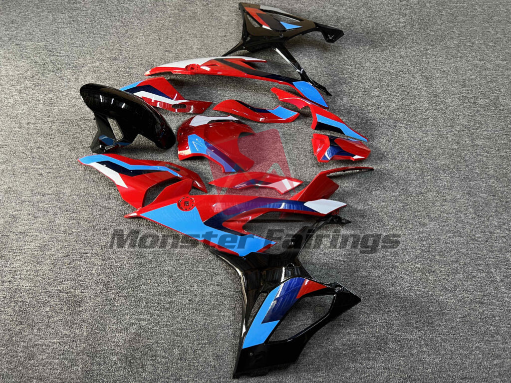 2019 - 2022 BMW S1000RR Gloss Red, Black With Blue & White fairing set - ABS injection, custom painted by Monster Fairings