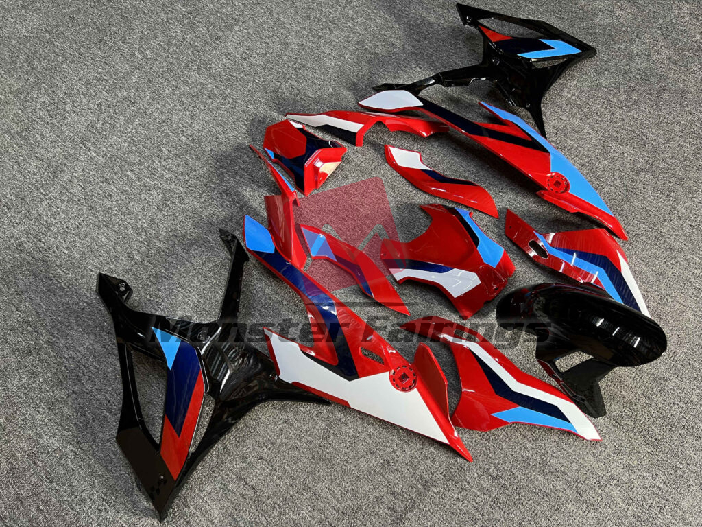BMW S1000RR custom ABS fairings 2019 - 2022 in Gloss Red, Black With Blue & White - durable replacement kit, Monster Fairings