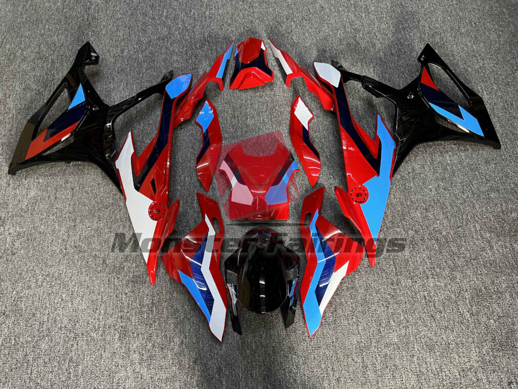 BMW S1000RR 2019 - 2022 Gloss Red, Black With Blue & White ABS fairings - custom motorcycle bodywork kit by Monster Fairings