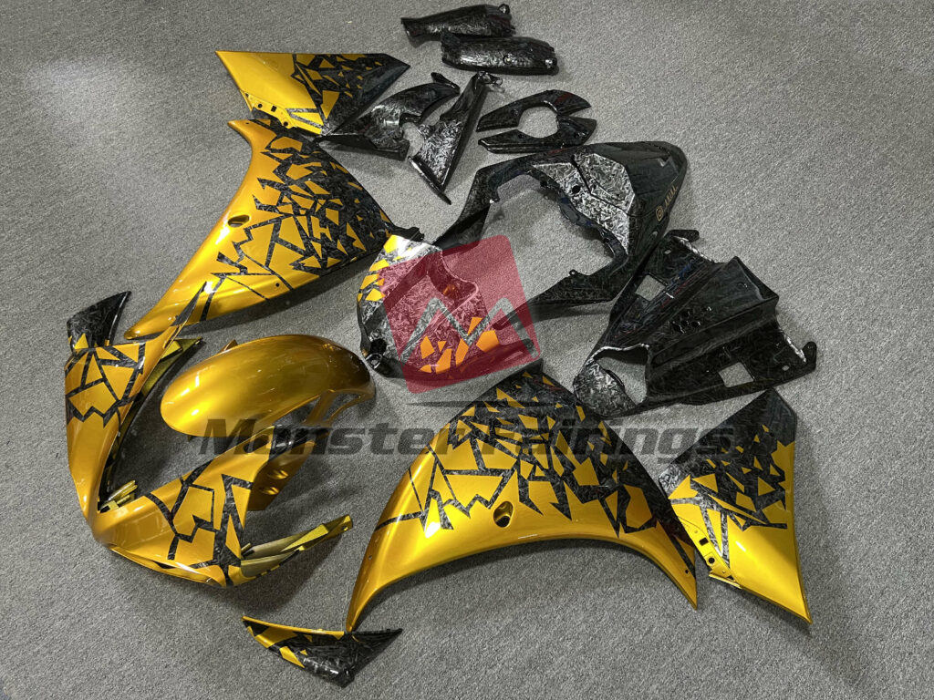 2009 - 2011 Yamaha R1 Gloss Forged Carbon Fiber Style With Gold Shattered fairing set - ABS injection, custom painted by Monster Fairings