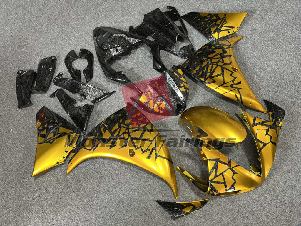 Yamaha R1 custom ABS fairings 2009 - 2011 in Gloss Forged Carbon Fiber Style With Gold Shattered - durable replacement kit, Monster Fairings
