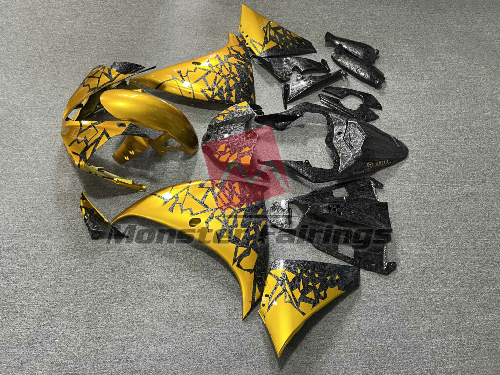 Monster Fairings ABS fairing kit for Yamaha R1 2009 - 2011 - Gloss Forged Carbon Fiber Style With Gold Shattered, precise OEM fit
