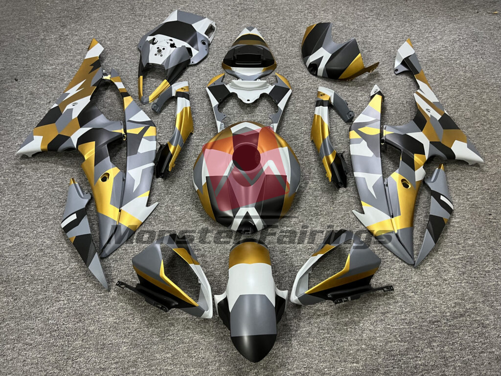 Yamaha R6 2008 - 2016 Matte Nardo Gray, White With Black & Gold Camo ABS fairings - custom motorcycle bodywork kit by Monster Fairings