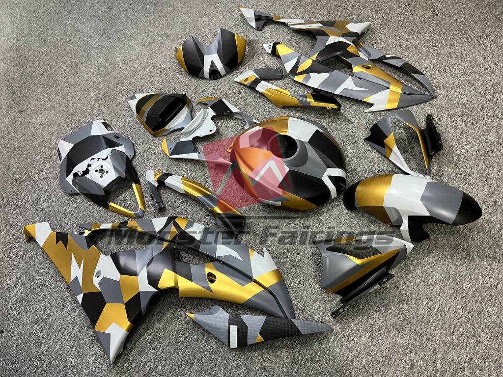 Yamaha R6 custom ABS fairings 2008 - 2016 in Matte Nardo Gray, White With Black & Gold Camo - durable replacement kit, Monster Fairings