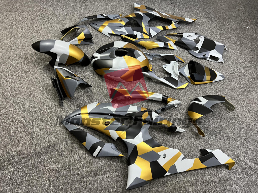 2008 - 2016 Yamaha R6 Matte Nardo Gray, White With Black & Gold Camo fairing set - ABS injection, custom painted by Monster Fairings
