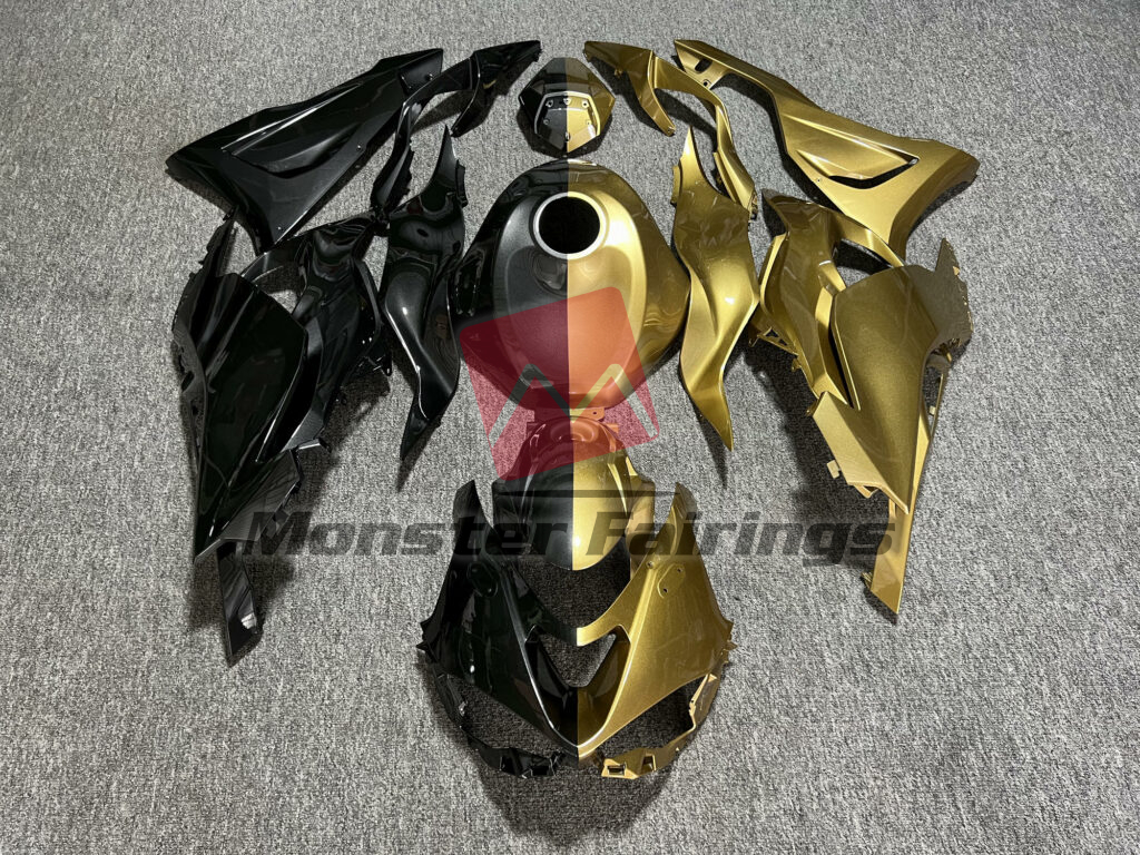 Kawasaki ZX6R 2024 - 2025 Gloss Black & Gold Split ABS fairings - custom motorcycle bodywork kit by Monster Fairings