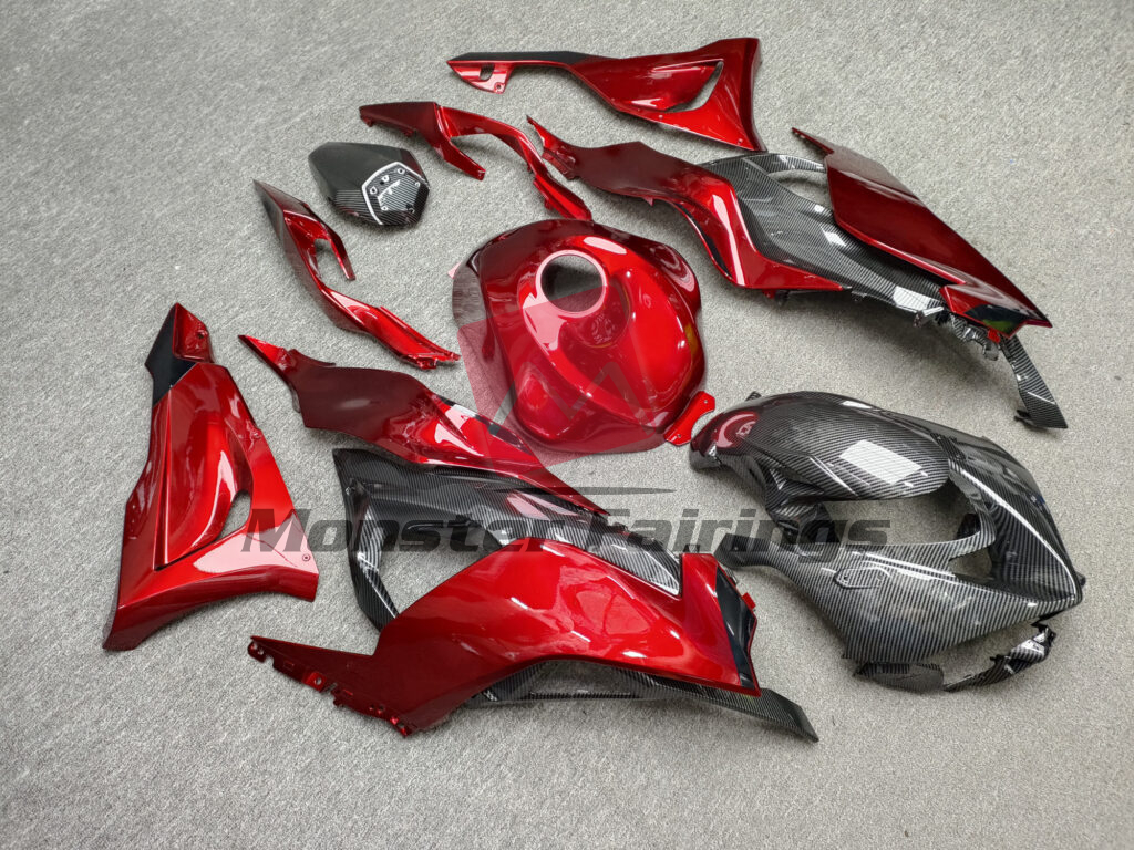 Kawasaki ZX6R custom ABS fairings 2024 - 2025 in Gloss Candy Red With Carbon Fiber Style - durable replacement kit, Monster Fairings
