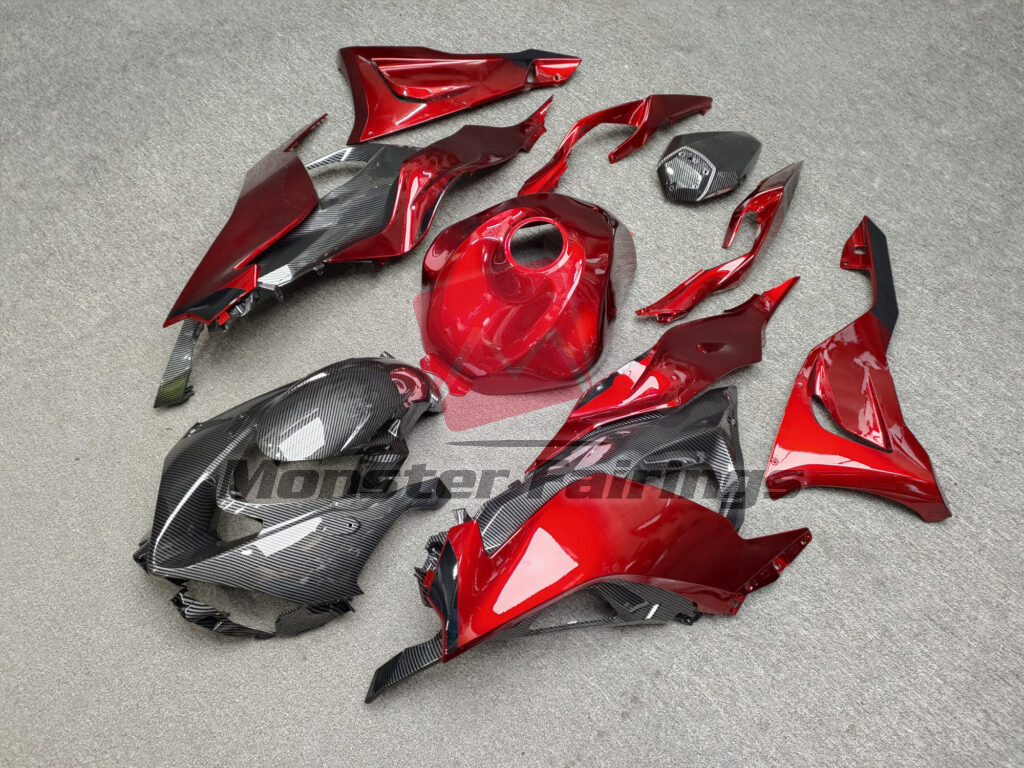 Gloss Candy Red With Carbon Fiber Style ABS fairings for Kawasaki ZX6R 2024 - 2025 - premium OEM fit kit by Monster Fairings
