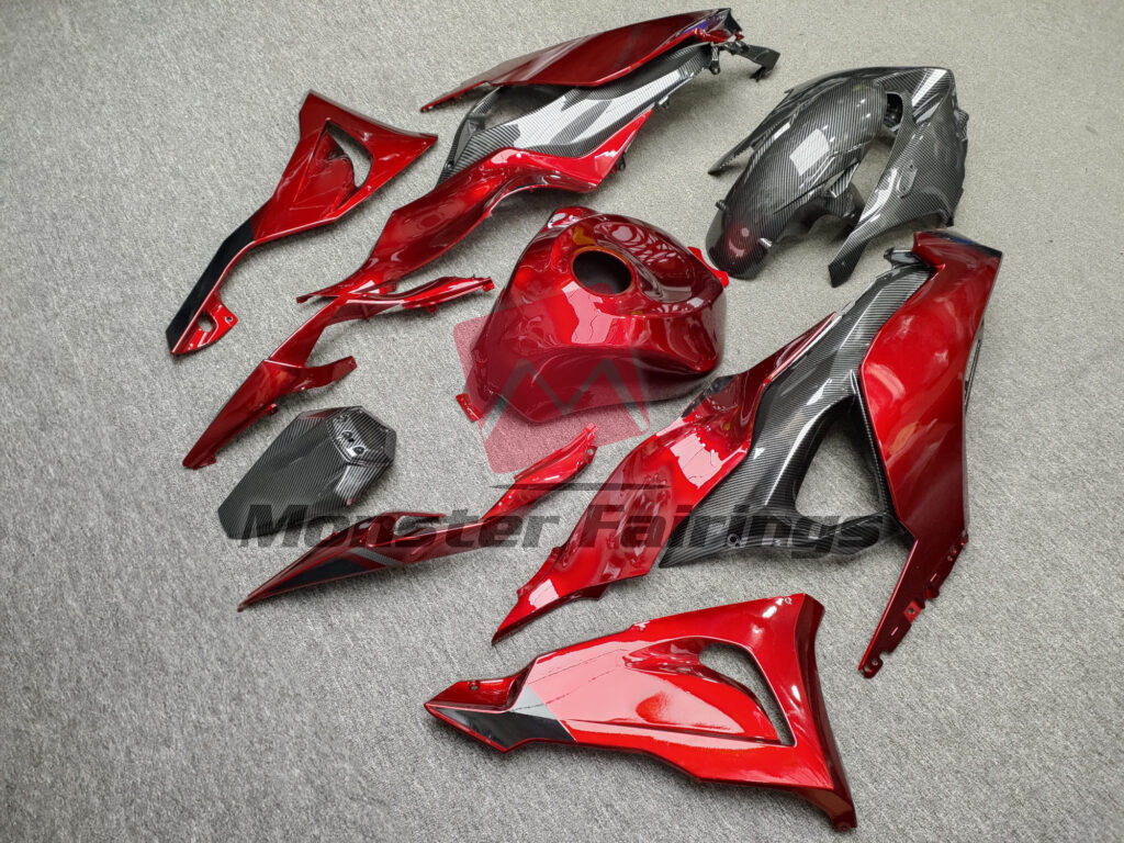 2024 - 2025 Kawasaki ZX6R Gloss Candy Red With Carbon Fiber Style fairing set - ABS injection, custom painted by Monster Fairings