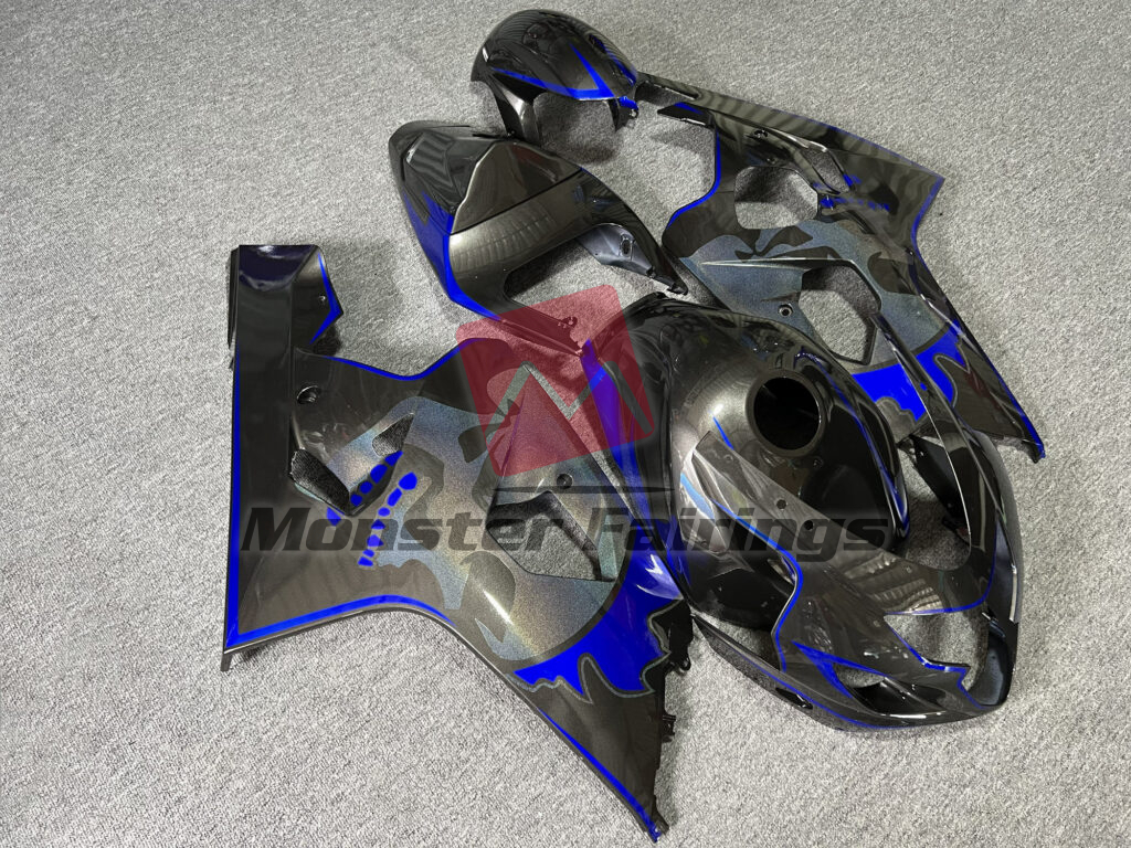 Suzuki GSXR 600 - 750 custom ABS fairings 2004 - 2005 in Gloss Metallic Black & Blue With Custom Skull - durable replacement kit, Monster Fairings