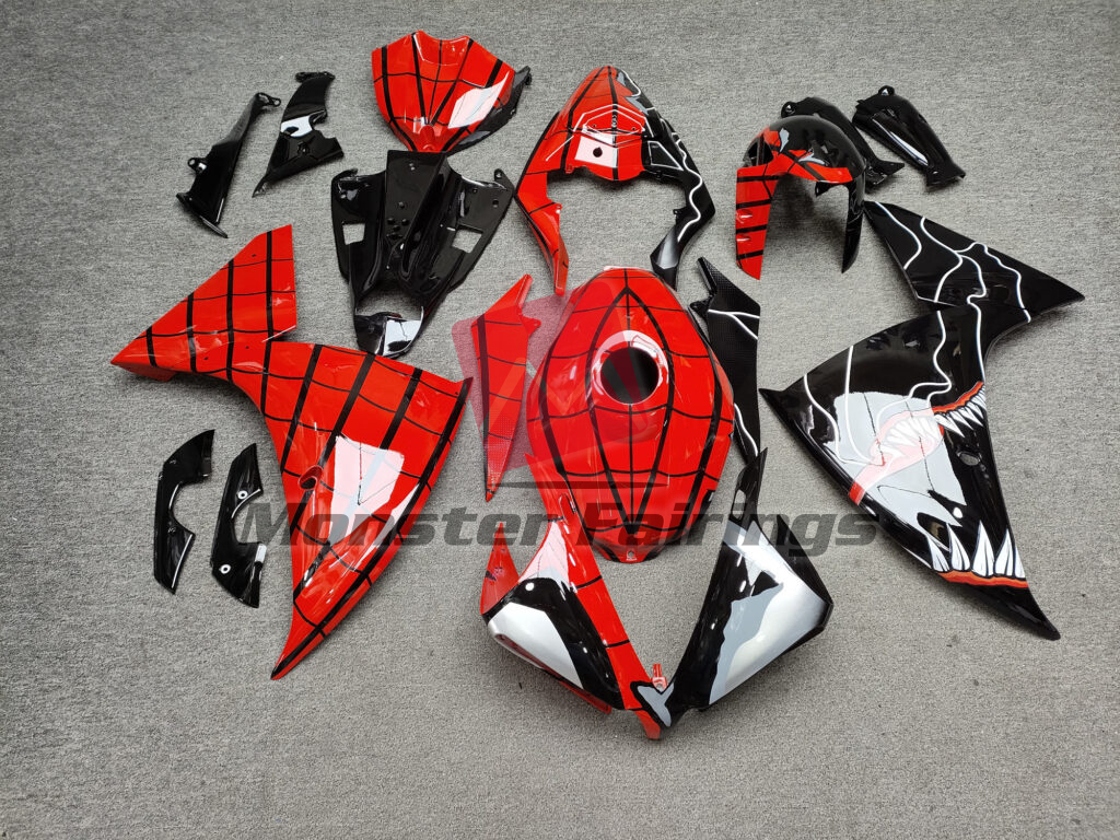 Yamaha R1 2012 - 2014 Gloss Red Spider & Black Venom Split ABS fairings - custom motorcycle bodywork kit by Monster Fairings