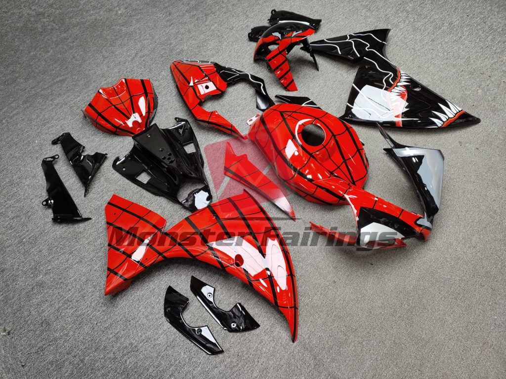2012 - 2014 Yamaha R1 Gloss Red Spider & Black Venom Split fairing set - ABS injection, custom painted by Monster Fairings