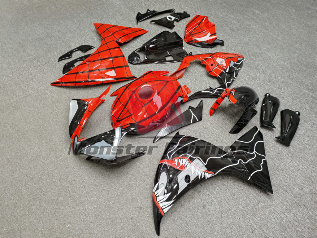 Monster Fairings ABS fairing kit for Yamaha R1 2012 - 2014 - Gloss Red Spider & Black Venom Split, precise OEM fit