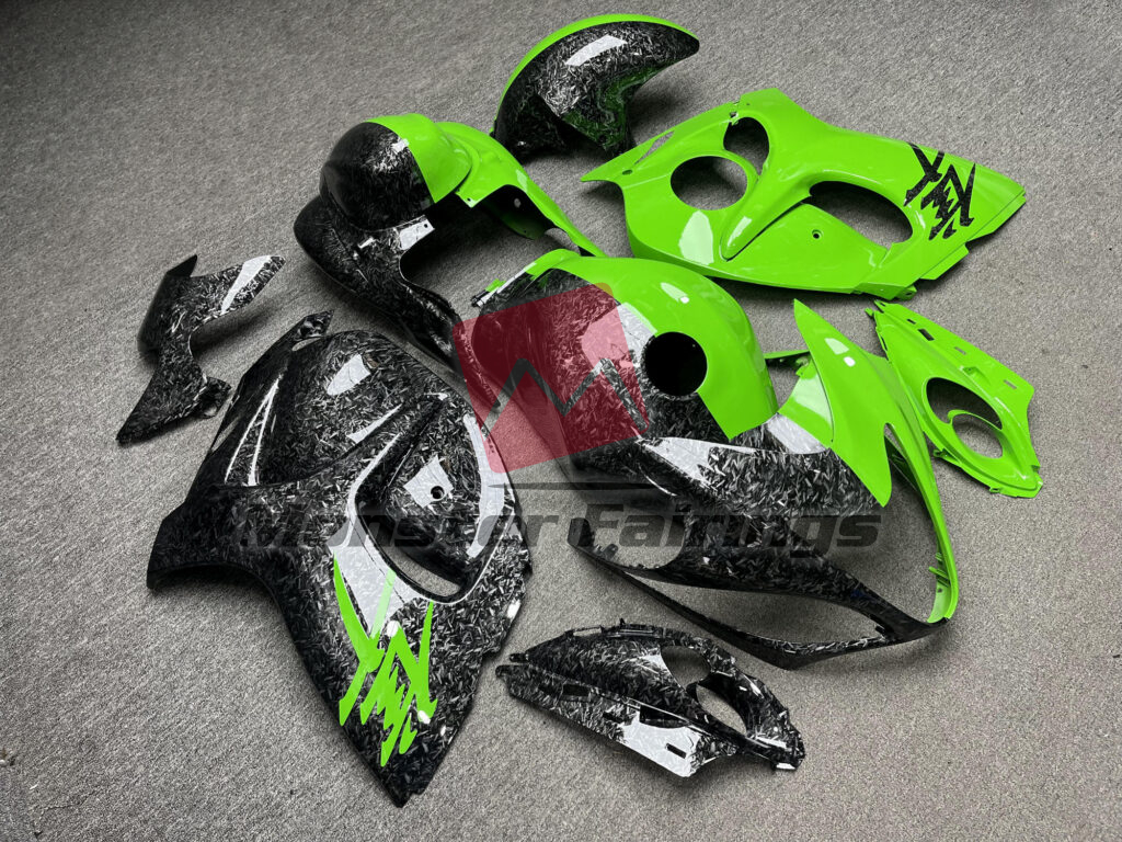Suzuki GSXR 1300 custom ABS fairings 2008 - 2020 in Gloss Green & Forged Carbon Fiber Style Split - durable replacement kit, Monster Fairings