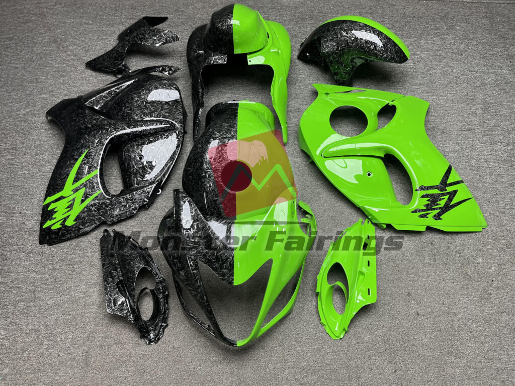 Suzuki GSXR 1300 2008 - 2020 Gloss Green & Forged Carbon Fiber Style Split ABS fairings - custom motorcycle bodywork kit by Monster Fairings
