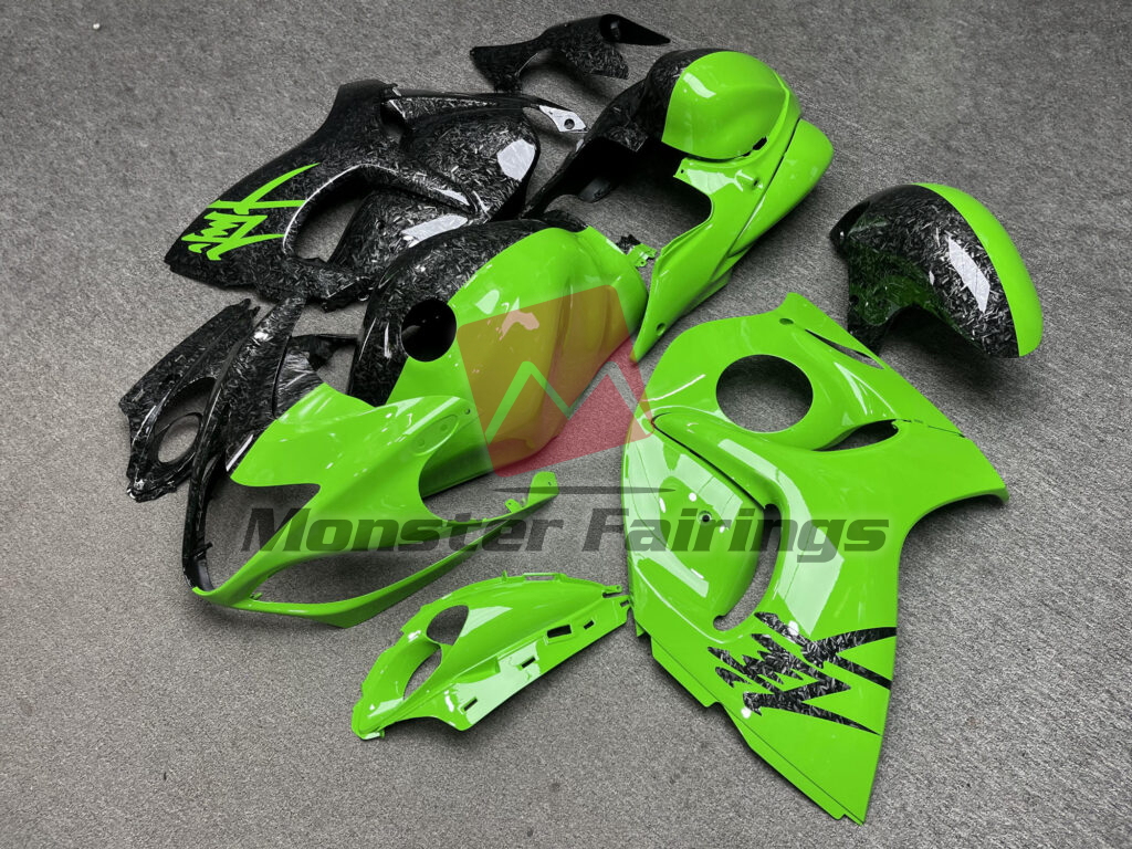 Gloss Green & Forged Carbon Fiber Style Split ABS fairings for Suzuki GSXR 1300 2008 - 2020 - premium OEM fit kit by Monster Fairings