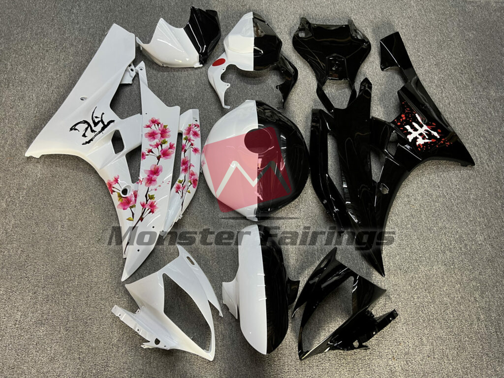 Yamaha R6 2006 - 2007 Gloss Black & White Cherry Blossom Split ABS fairings - custom motorcycle bodywork kit by Monster Fairings
