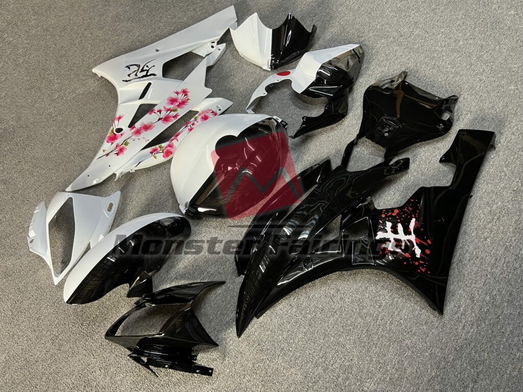 2006 - 2007 Yamaha R6 Gloss Black & White Cherry Blossom Split fairing set - ABS injection, custom painted by Monster Fairings
