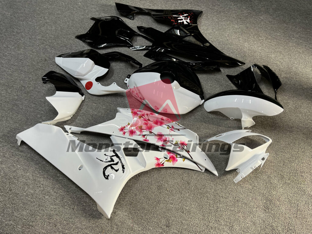 Gloss Black & White Cherry Blossom Split ABS fairings for Yamaha R6 2006 - 2007 - premium OEM fit kit by Monster Fairings