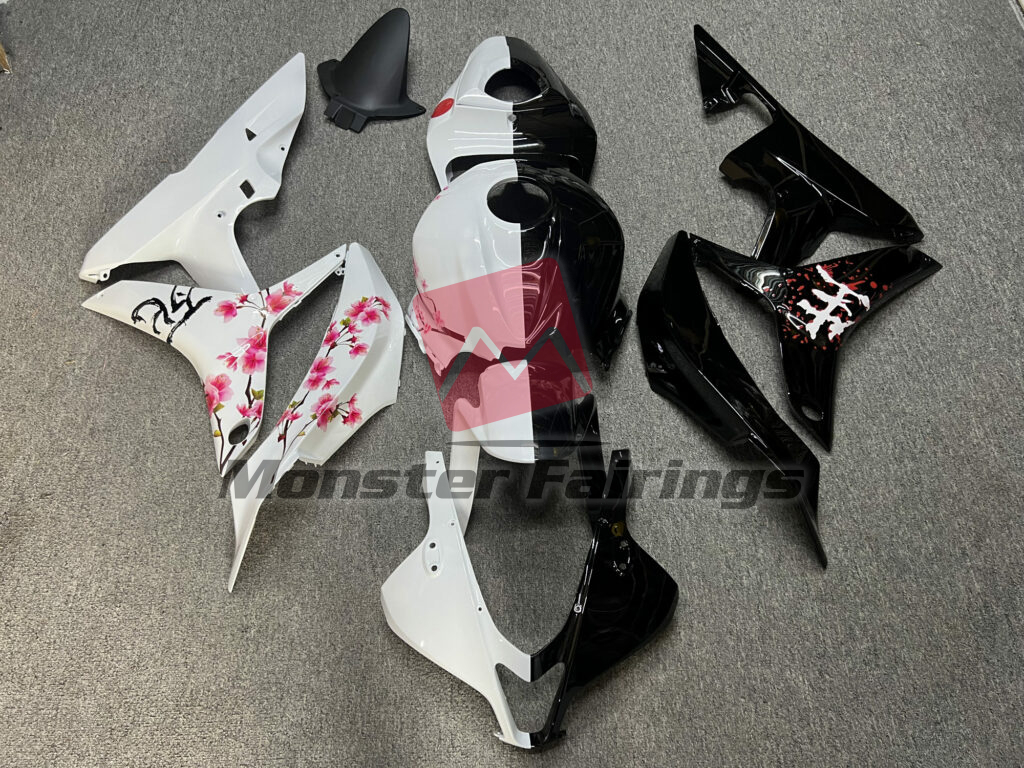 Honda CBR600RR 2007 - 2008 Gloss Black & White Cherry Blossom Split ABS fairings - custom motorcycle bodywork kit by Monster Fairings