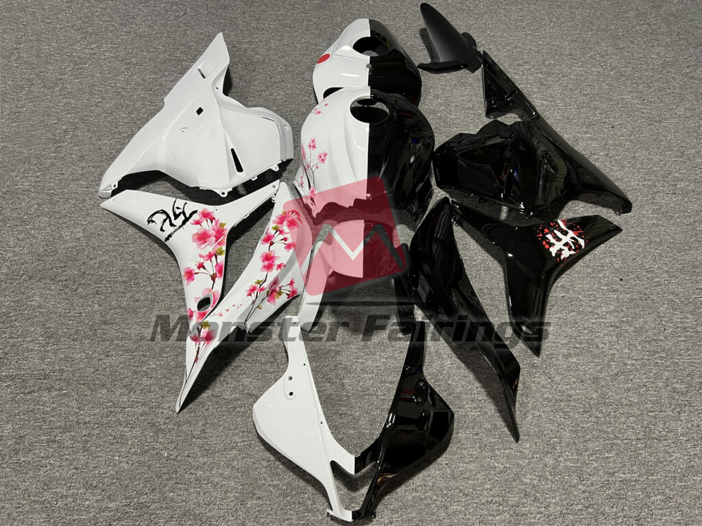 Honda CBR600RR 2009 - 2012 Gloss Black & White Cherry Blossom Split ABS fairings - custom motorcycle bodywork kit by Monster Fairings