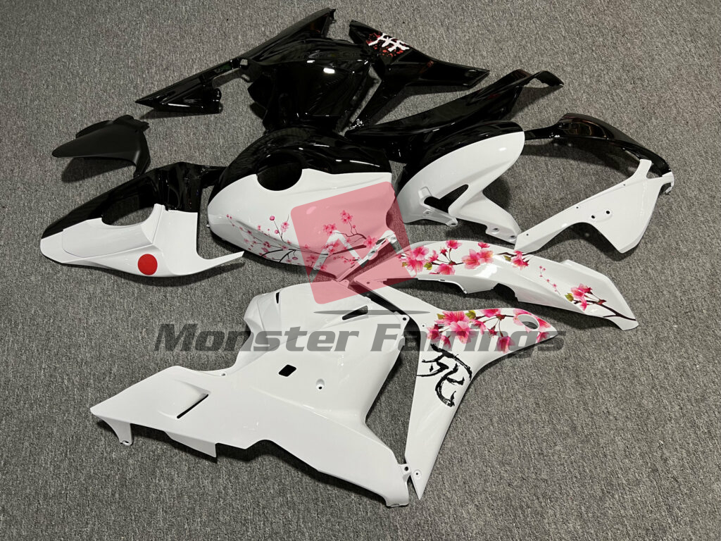 2009 - 2012 Honda CBR600RR Gloss Black & White Cherry Blossom Split fairing set - ABS injection, custom painted by Monster Fairings