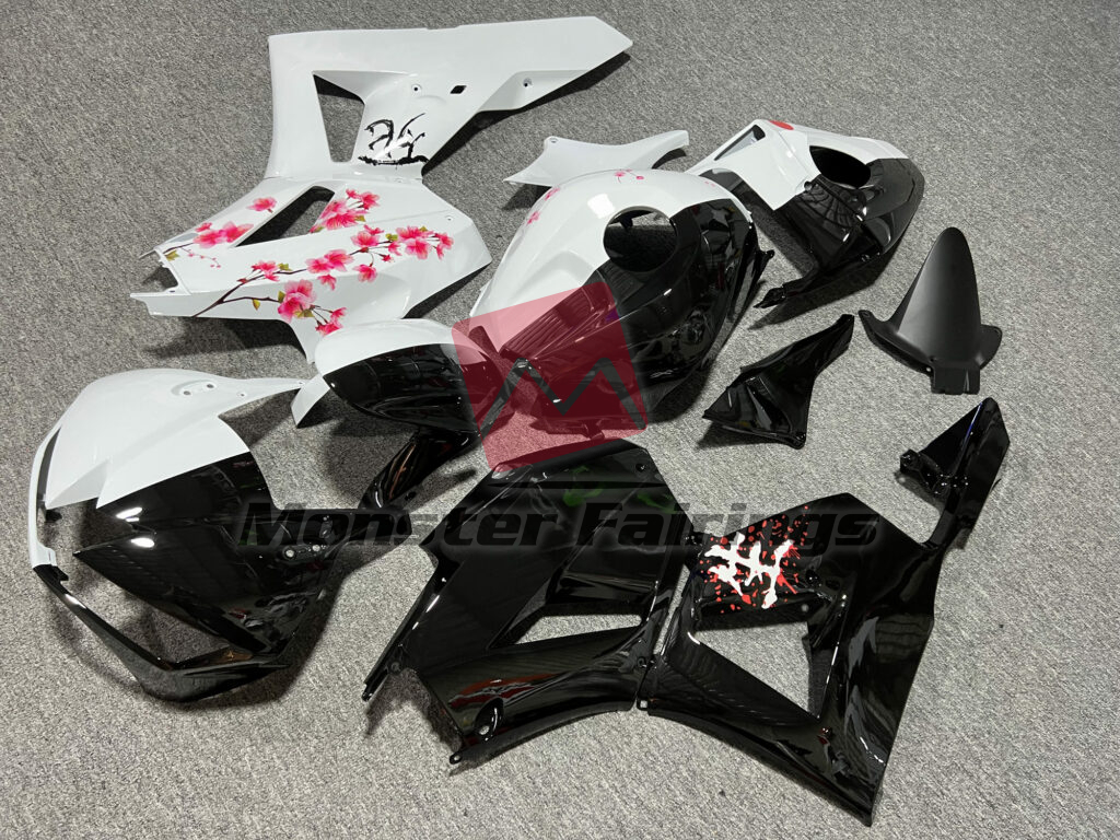 Honda CBR600RR custom ABS fairings 2013 - 2025 in Gloss Black & White Cherry Blossom Split - durable replacement kit, Monster Fairings