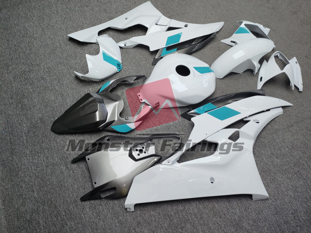 2006 - 2007 Yamaha R6 Gloss White & Turquoise With Gray fairing set - ABS injection, custom painted by Monster Fairings