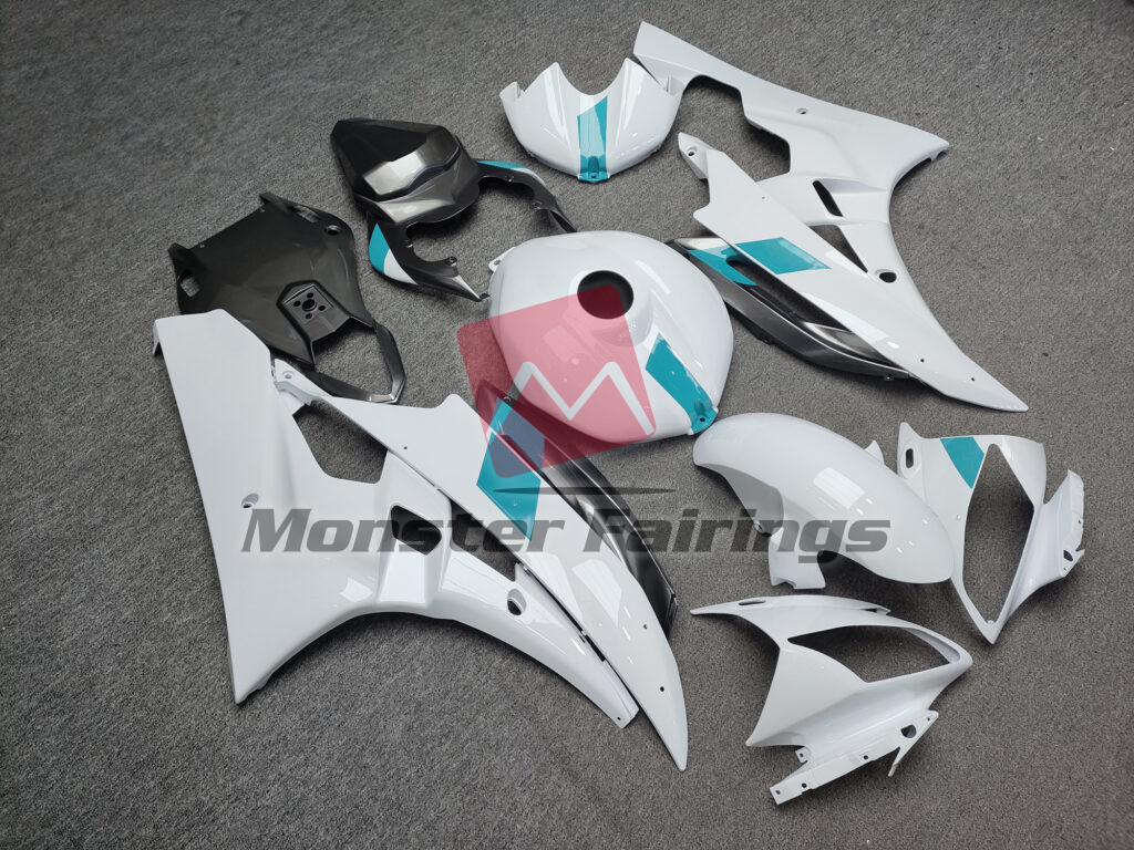Yamaha R6 custom ABS fairings 2006 - 2007 in Gloss White & Turquoise With Gray - durable replacement kit, Monster Fairings