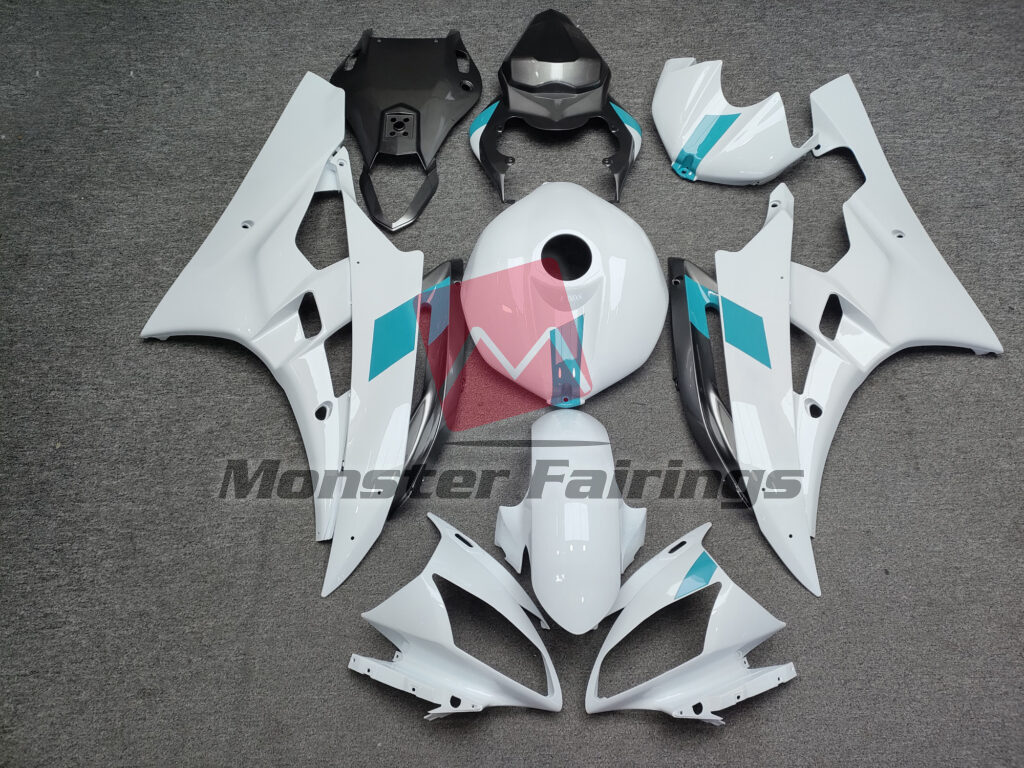 Yamaha R6 2006 - 2007 Gloss White & Turquoise With Gray ABS fairings - custom motorcycle bodywork kit by Monster Fairings
