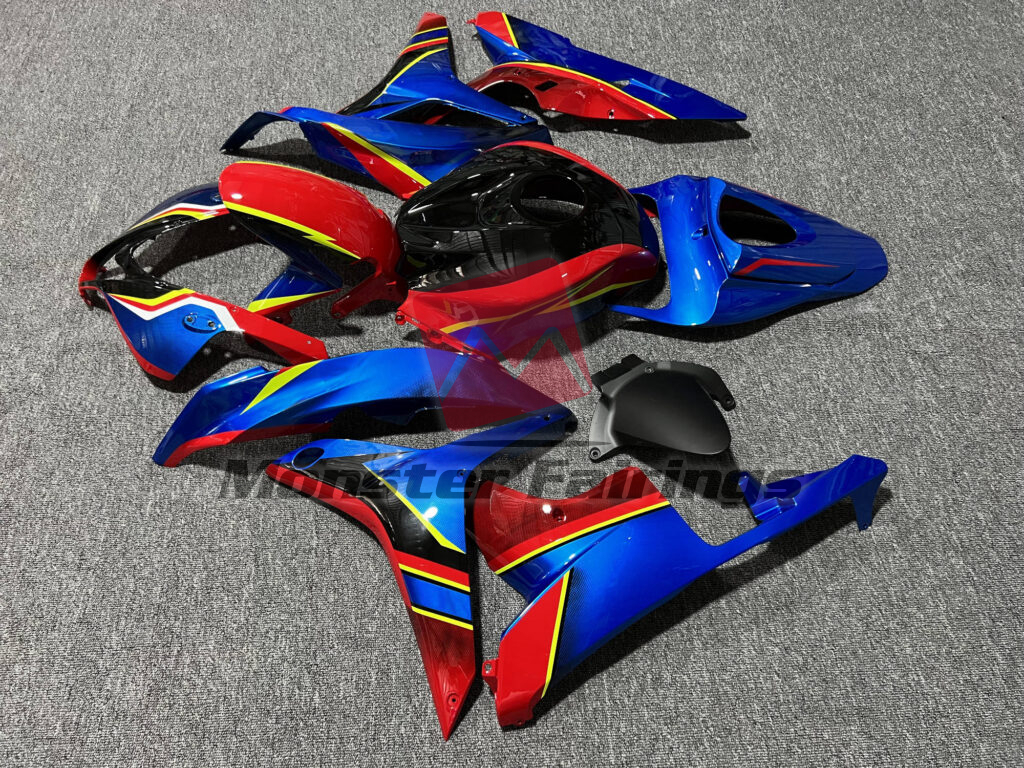 2007 - 2008 Honda CBR600RR Gloss Deep Blue, Black With Red & High Vis Yellow fairing set - ABS injection, custom painted by Monster Fairings